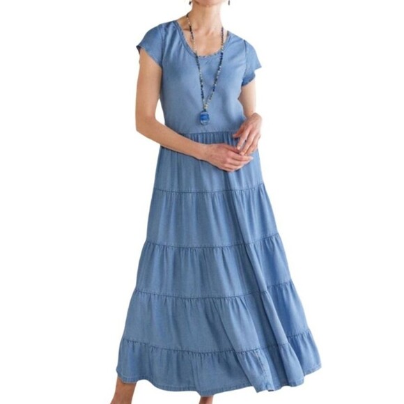 Soft Surroundings Women's Kara Tiered Dress Blue Chambray Lyocell Plus Size 2X - Picture 1 of 9